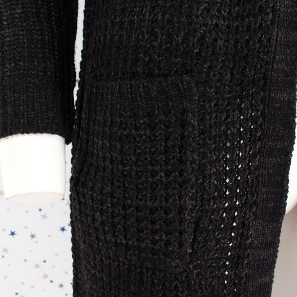 Black Charcoal Waffle Knit Duster Long Sweater Cardigan - Picture 3 of 7